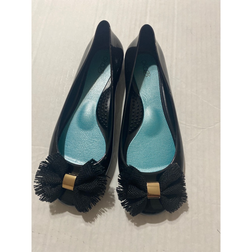 Oka-B Black Jelly Ballet Flats Fringe Bow Waterproof Slip On Women's Size 7